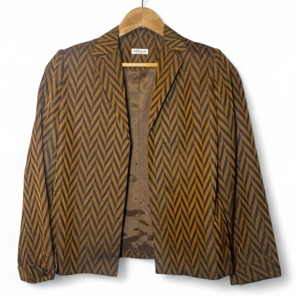 Vintage Ann May Women Small 100% Silk Chevron Notched Lapel‎ Open Dress Blazer